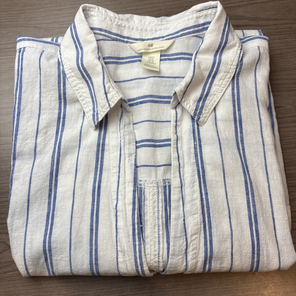H&M Linen Blend Stripe Tunic Shirt Dress White Blue XL Costal Cover-Up - Picture 8 of 8